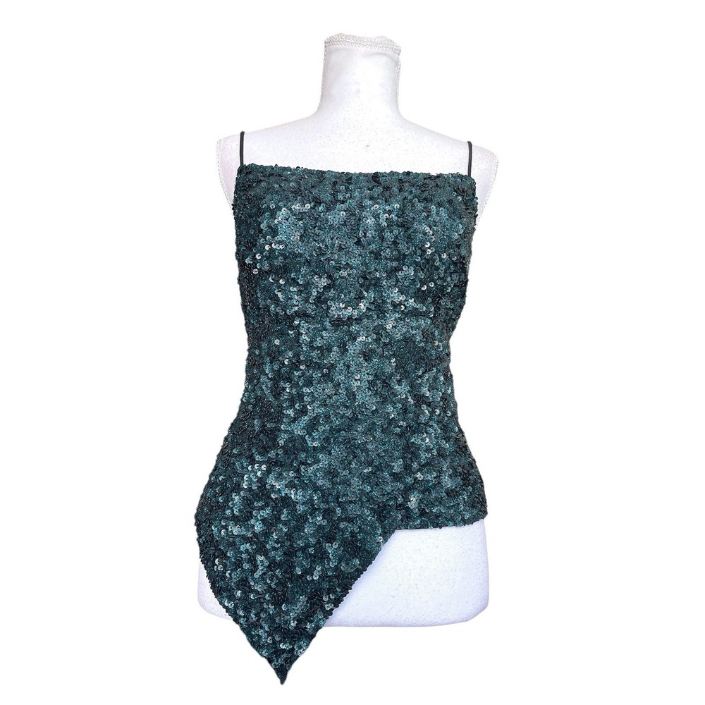 Sean Collection Silk Sequins Asymmetrical Sleeveless Top Y2k Glam Festival Sz M